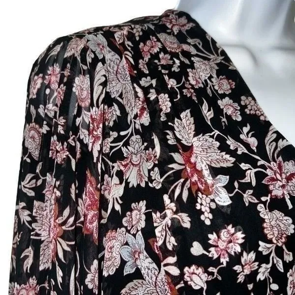 EXPRESS Pleated V-Neck L/S Black Semi‎ Sheer Floral Bodysuit EUC Size XS - Image 4