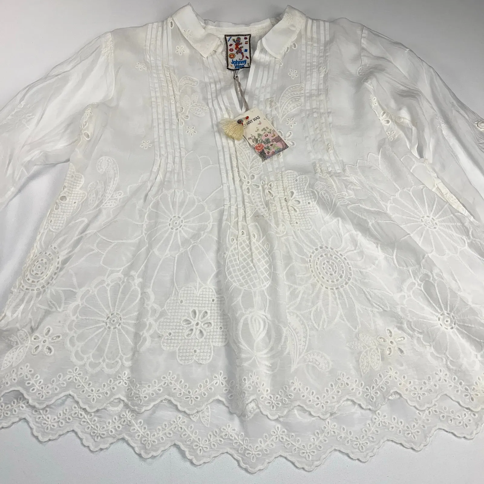 Johnny Was White Lemmi Blouse - Jazlynn Eyelet Fairy Roll Tab Sleeve Size S - Image 16