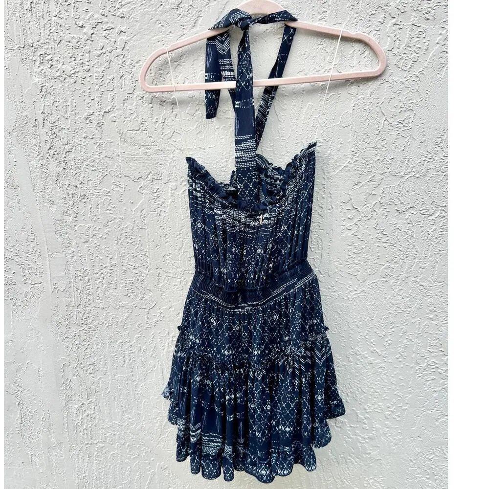 MISA Molina Sleeveless Tiered Ruffle Hem Halter Mini Dress Navy Women's Sz XS - Image 6