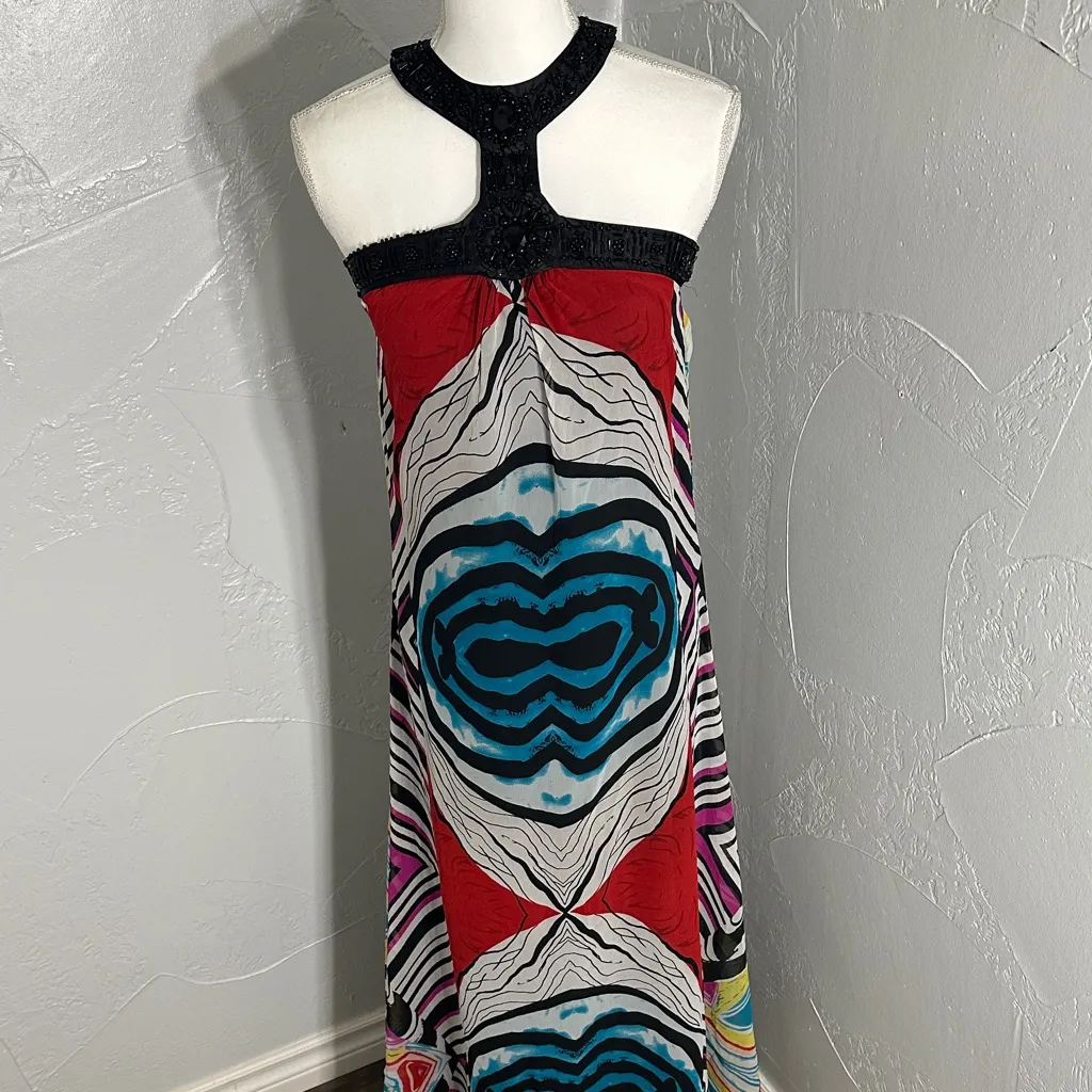 Vibrant Multicolor Abstract Print Maxi Dress | Flowing Silhouette. Red Size XS - Image 5