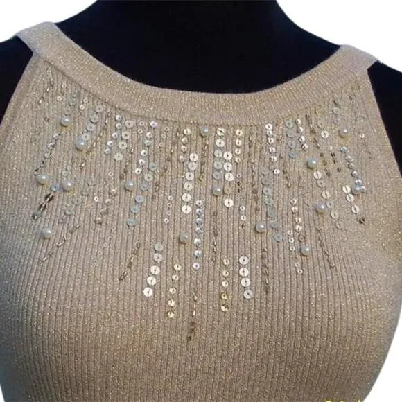 Cache  Pearl Bead Sequin Encrusted Metallic Halter Top Open Back Stretch NWT $88 - Image 2