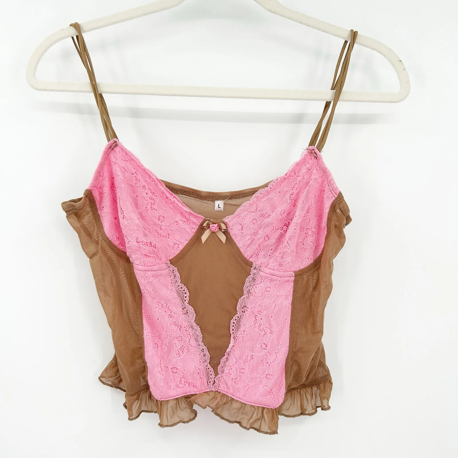 Womens Coquette Y2K Sweetheart Neck Ruffled Sheer Mesh‎ Lace Cami Corset Top L Pink Size L - Image 2