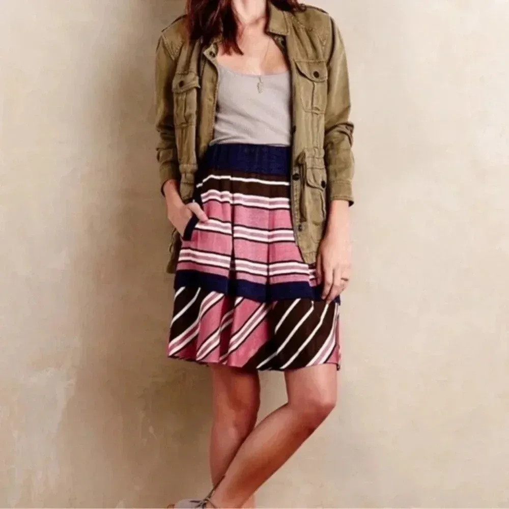 Anthropologie Maeve Ellery Striped Tiered Mini Skirt Pleated Pink Navy Size 6 - Image 7