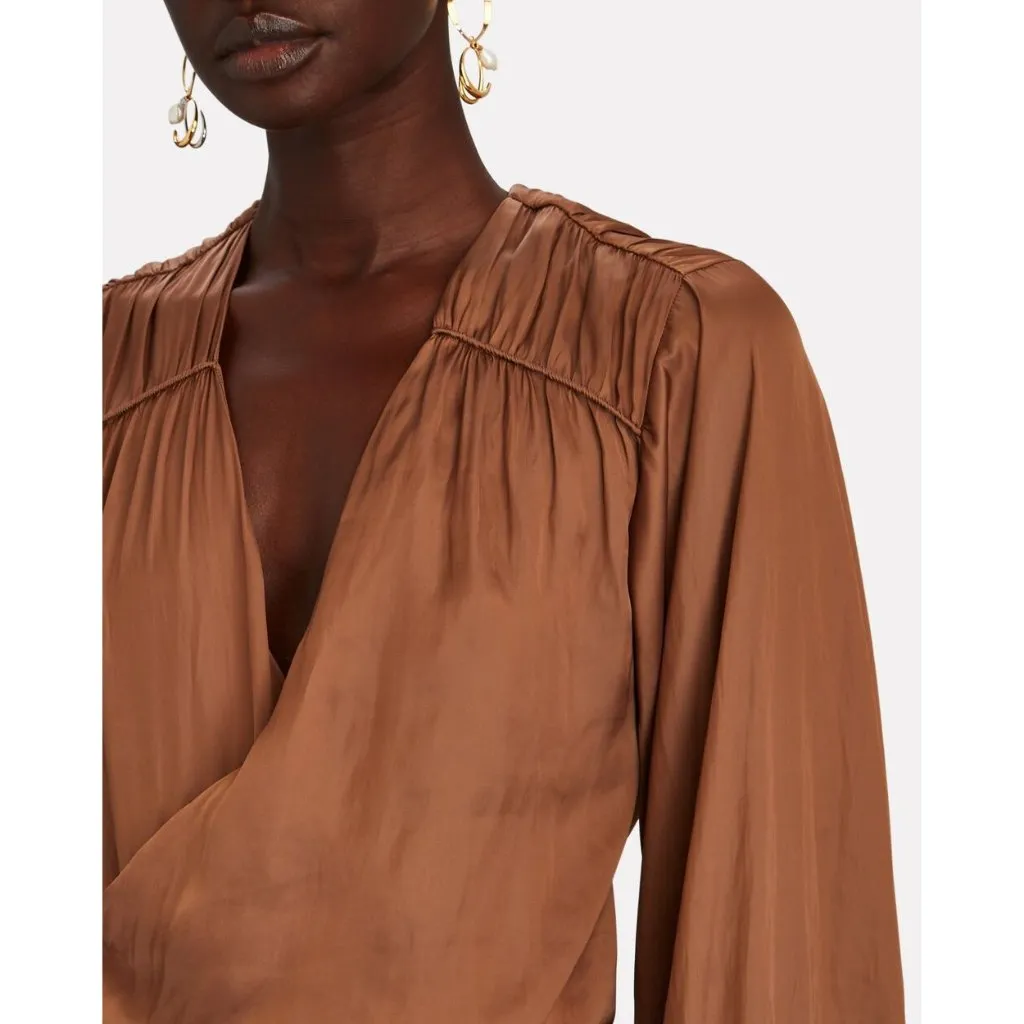 FRAME Long Sleeve Crossover Top in Bronze Small New Womens Satin Blouse - Image 13