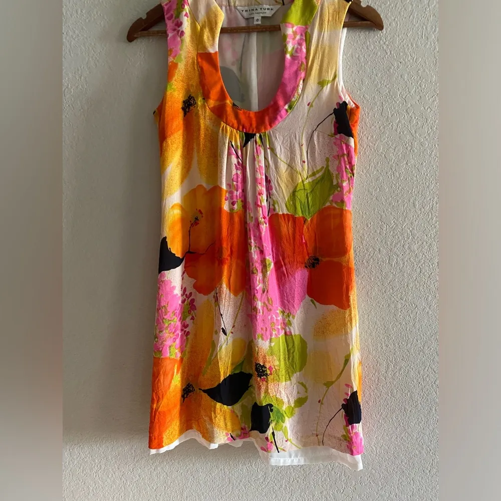 Trina Turk Sheer Whimsical Colorful floral silk Sleeveless Shift dress size 0 - Image 3