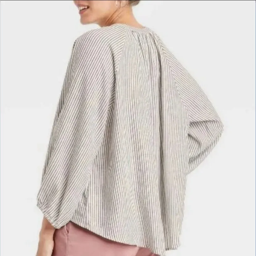 A new day linen blend long sleeve shirt top blouse striped ballon sleeves small - Image 10