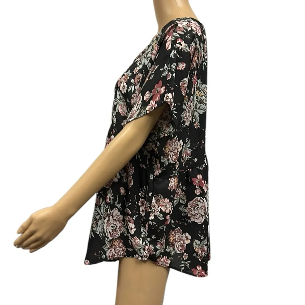 Live 4 Truth Black Floral Print Babydoll Blouse Short Sleeve Womens Large - Image 5