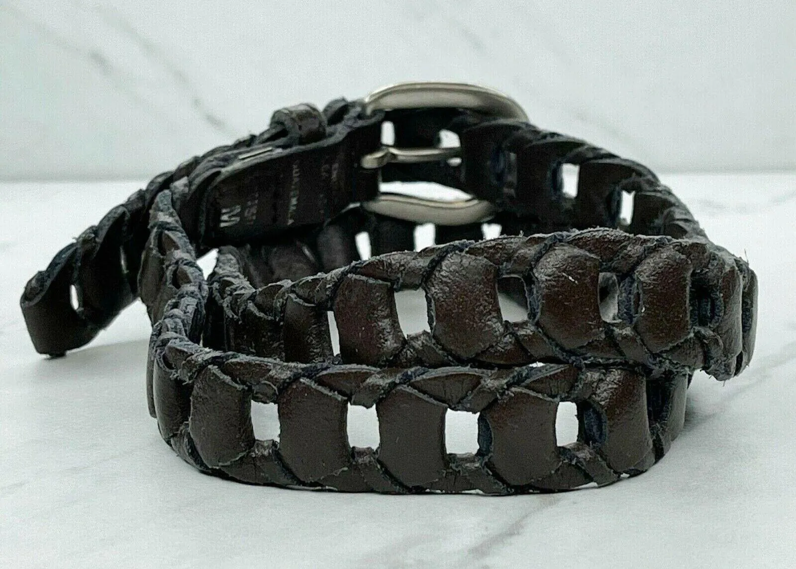 Vintage Brown Woven Leather Belt Silver Buckle Medium (M) ✨ - Image 3