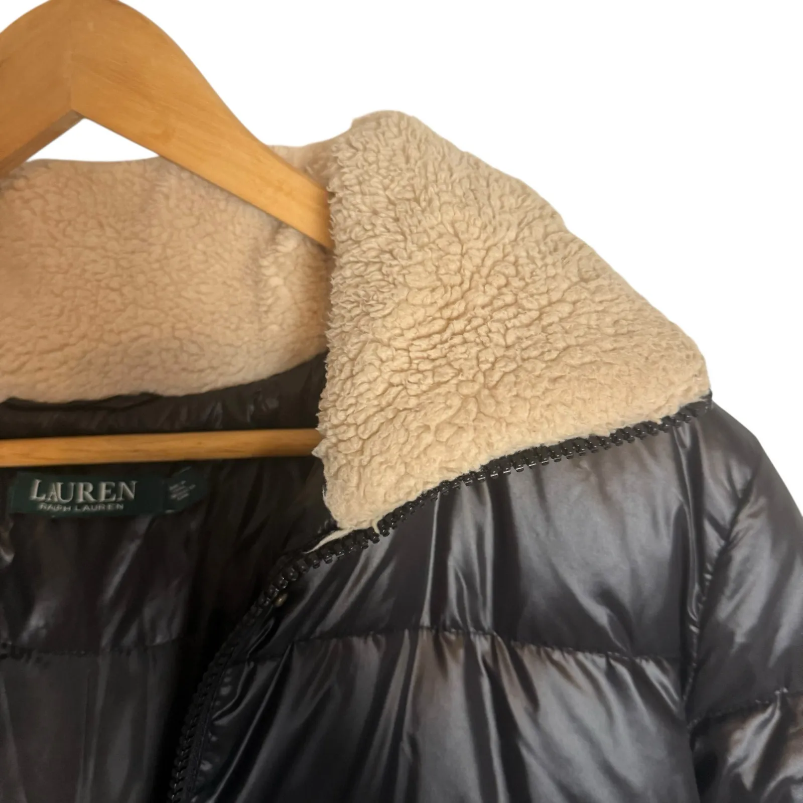 Lauren Ralph Lauren Black Sherpa Hooded Winter Down Fill Puffer Coat Size Medium - Image 7