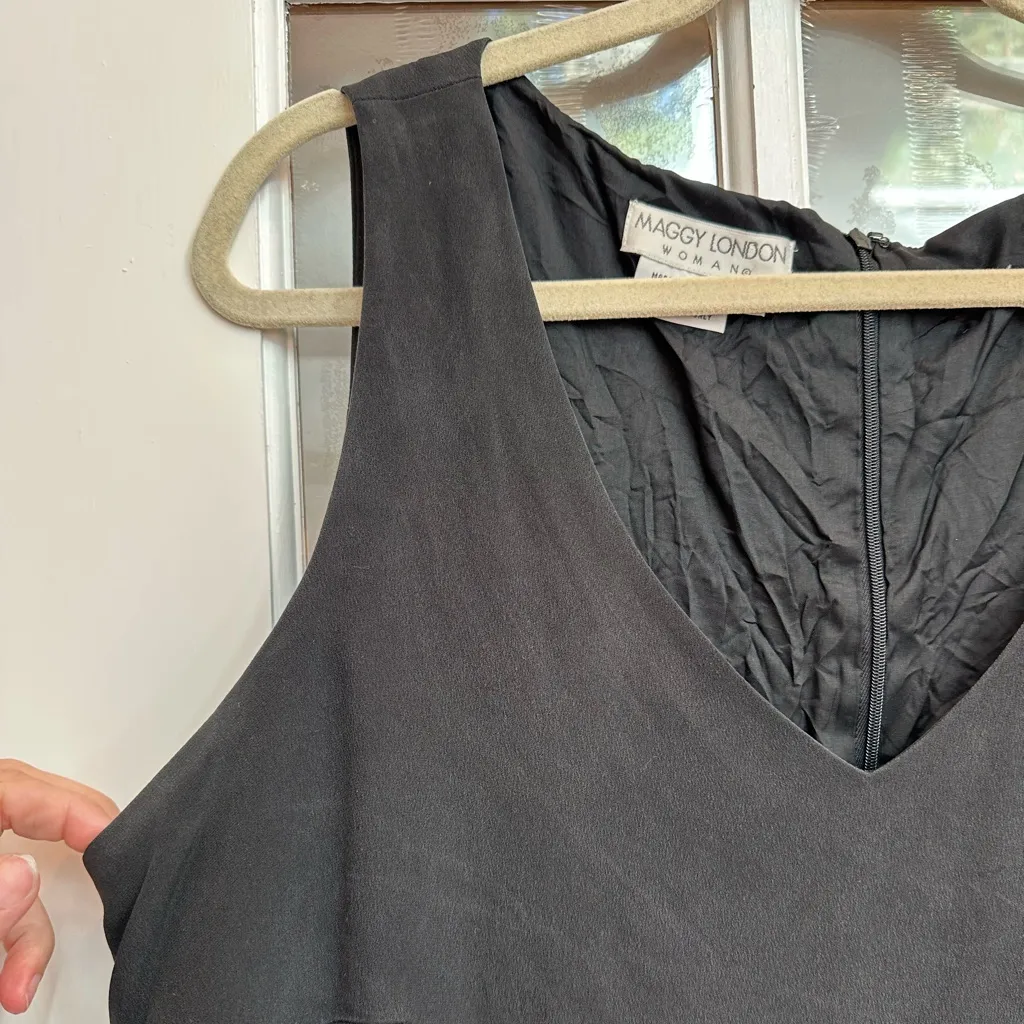 Vintage Maggy London 100% Silk Y2K Black Midi Dress Women’s Size 16 Flawed Gem - Image 2