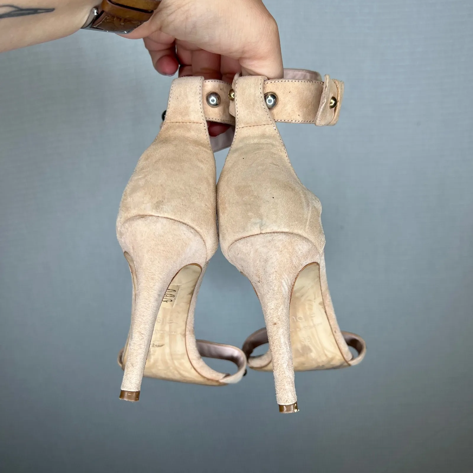 Maje Women's Studded Ankle Strap‎ Heels Suede Leather Beige Sandals - Image 3