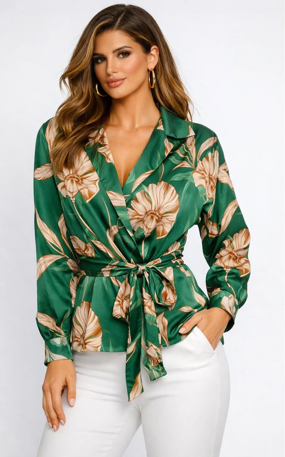 MISA Los Angeles Emerald Green Floral Print Satin Wrap Blouse Top Size S - Image 1