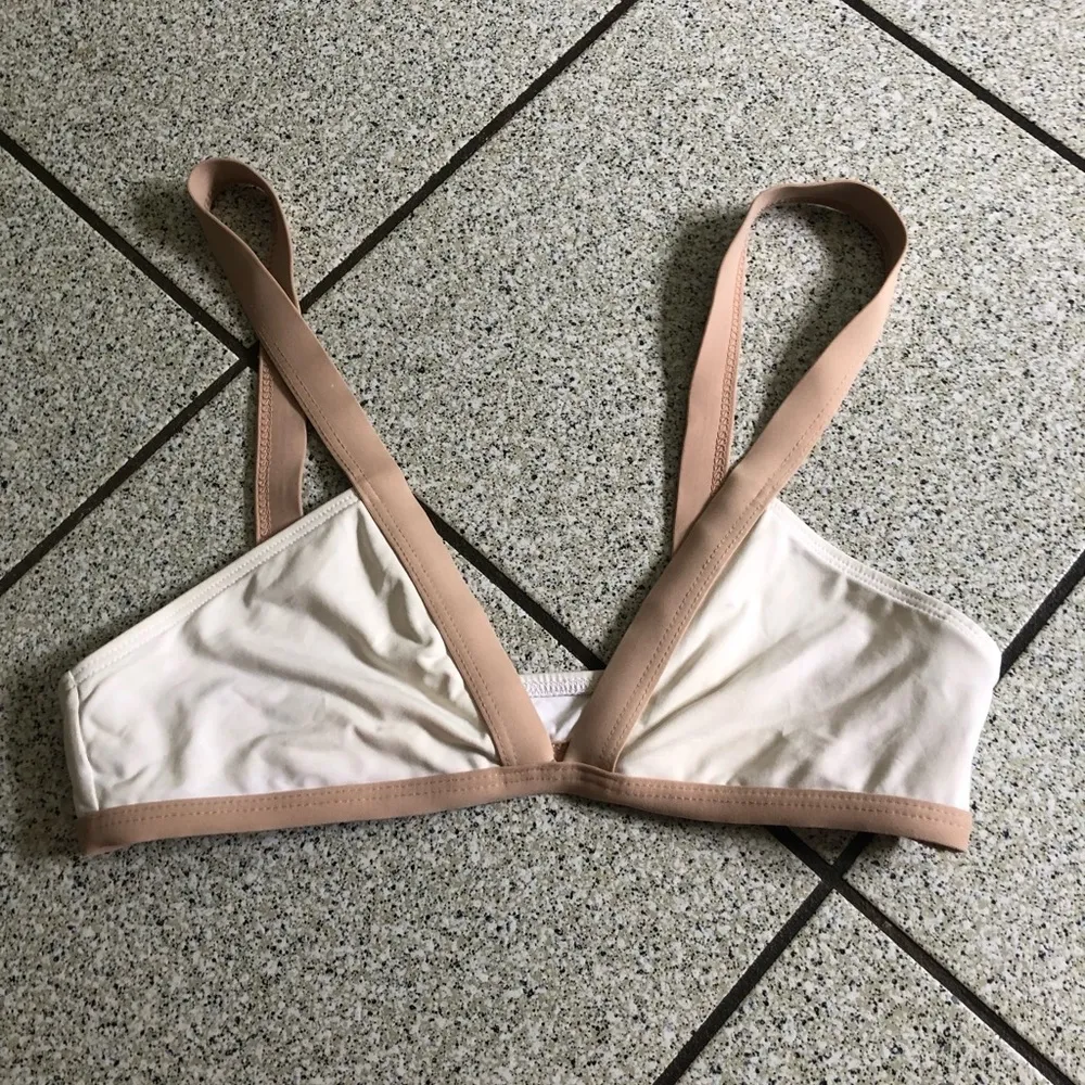 L*space Farrah Bikini Top Bra ONLY in White and Tan Size Small Swim Suit Ribbed - Image 3