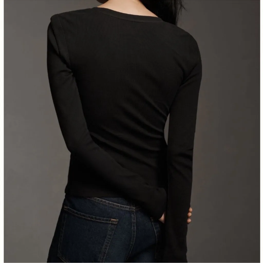 Anthropologie Maeve Black Ribbed Long Sleeve Top Ruched Layered Shoulder XS - Image 2
