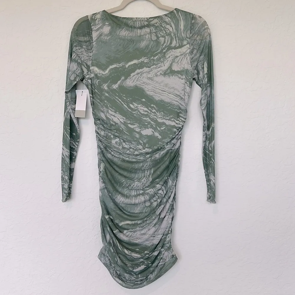 NWT BP Ruched Mesh Long Sleeve Bodycon Dress Green Marble Fabric Size Small - Image 6