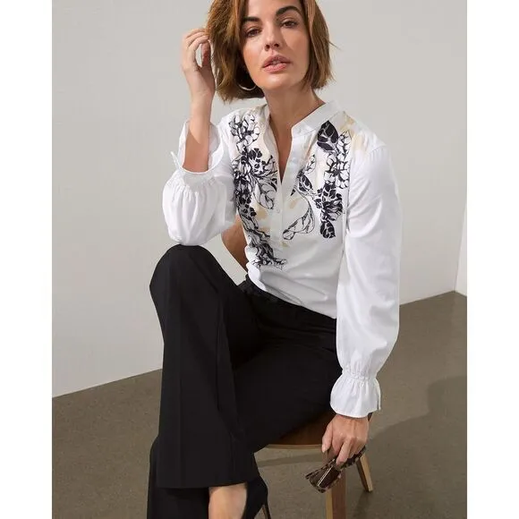 Chicos Womens 12 Top White No Iron‎ Cotton Floral Button Down Blouse Ruffle Bell - Image 6