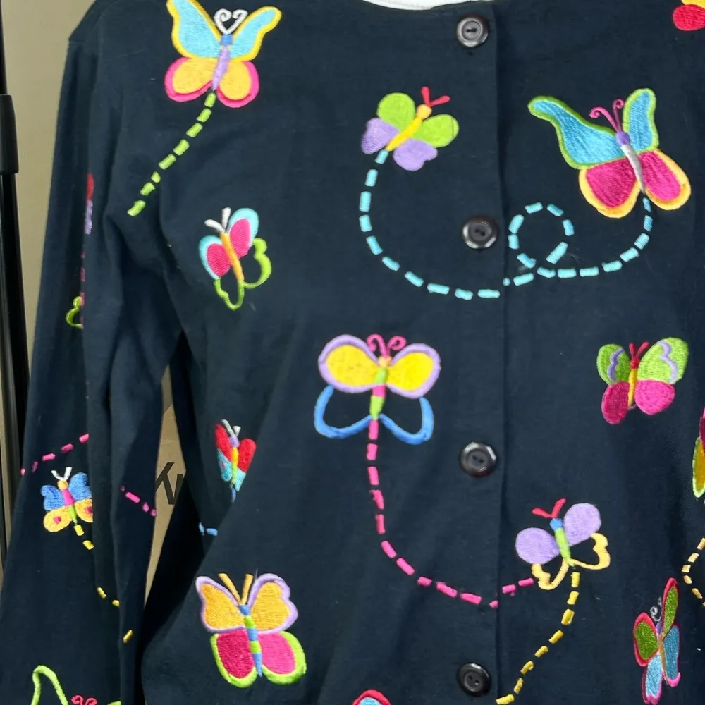 Vintage Michaell Simon lite vintage embroidered butterfly cardigan Cotton small Black - Image 3