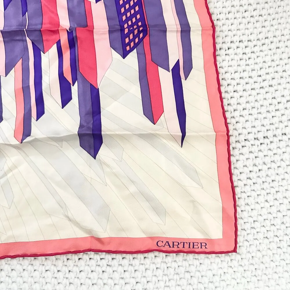 Cartier Pink Purple Ivory Geometric Skyline Cityscape Spellout Silk Square Scarf - Image 7