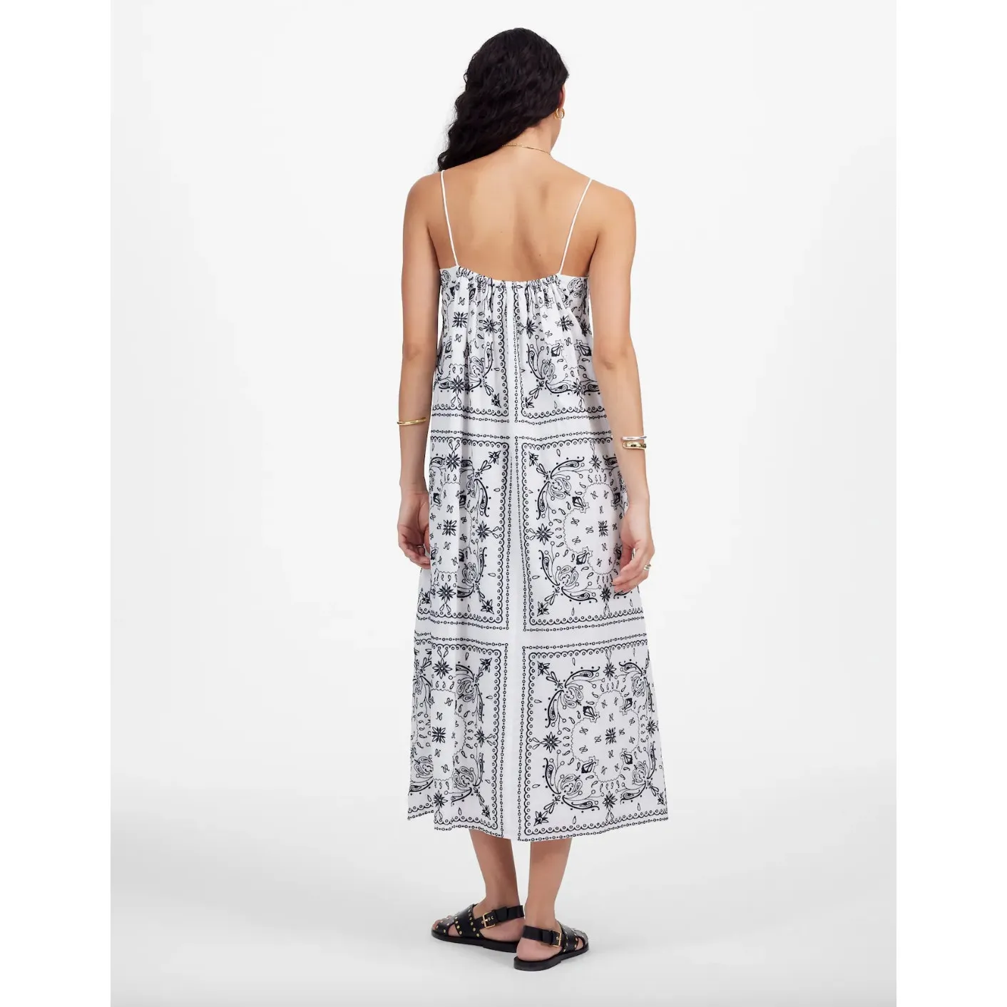 Madewell Embroidered Deep V Neck Midi Dress Bandana Boho White Navy Large NWT - Image 4