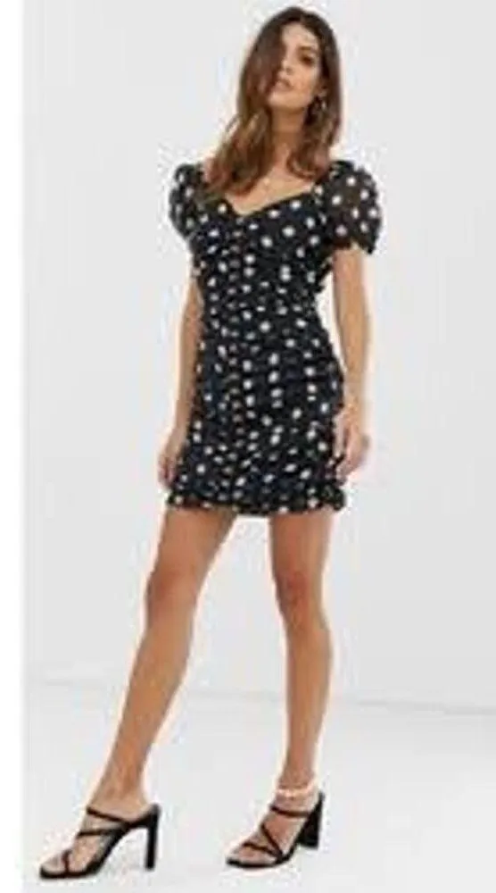 URBAN OUTFITTERS Puff Sleeve Polka Dot Mini Dress Small S Black White - Image 3