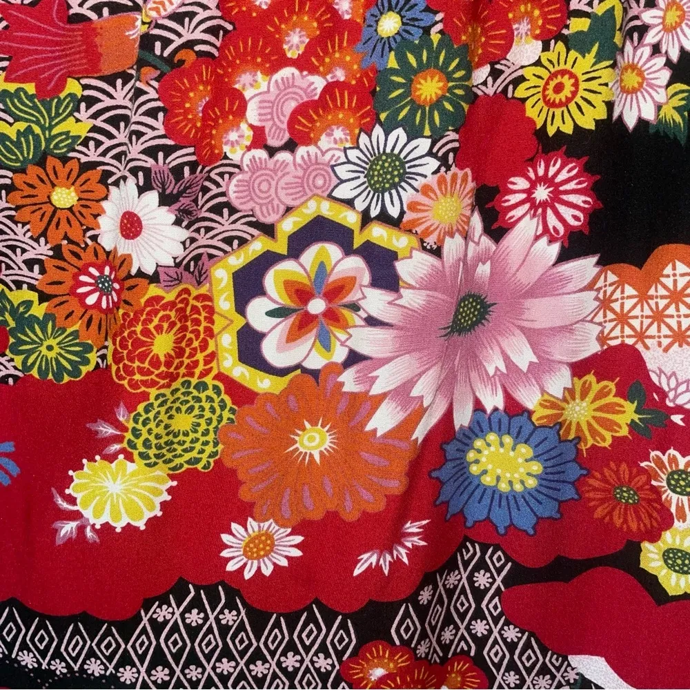 Lucky Brand Dress XS Red Japanese Floral Boho Print Halter Sundress Rayon - Image 3
