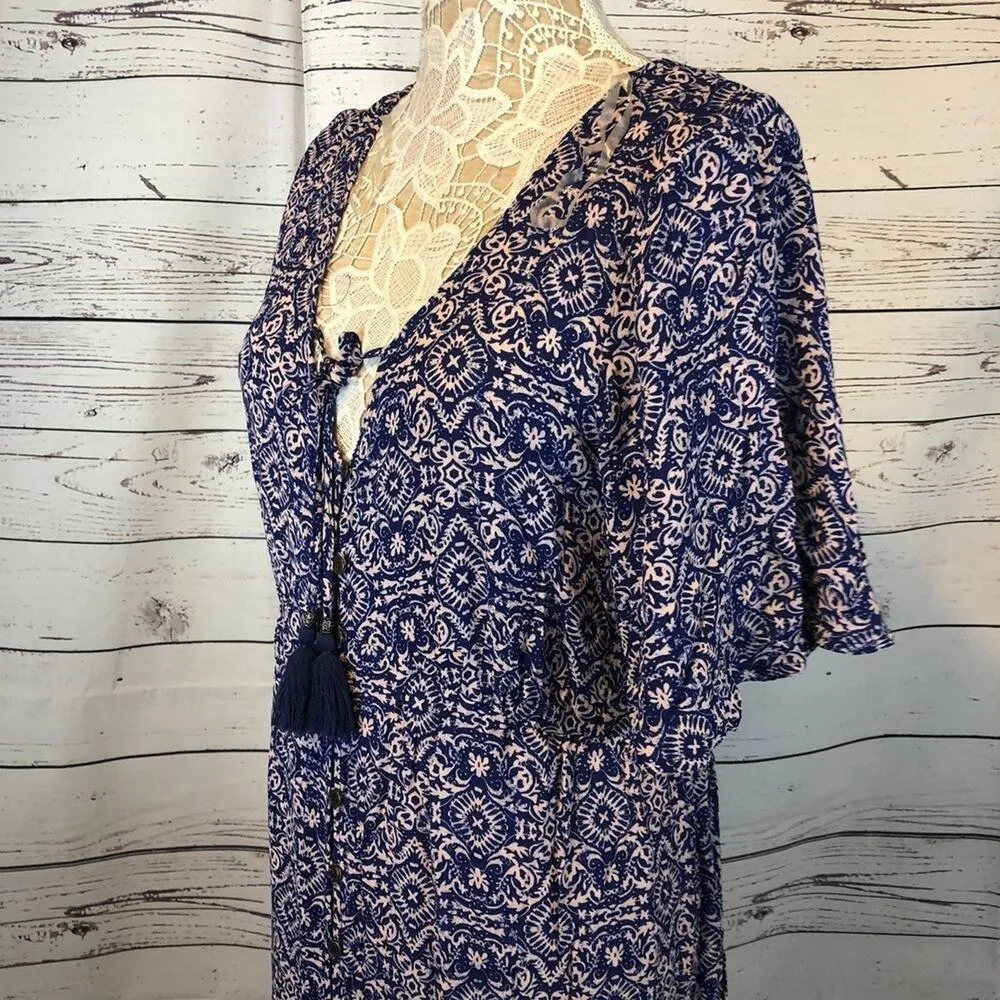 Artesia Boho Chic Button Front Short Sleeve Maxi tasel neck closing size medium Blue - Image 7