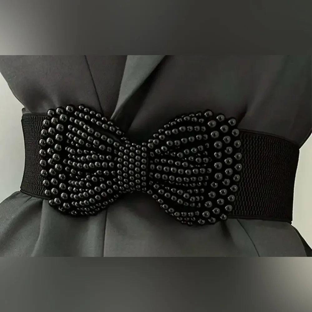 Black Faux Pearl Bowknot Wide Belt Elegant Solid Color Elastic Waistband Classic - Image 6