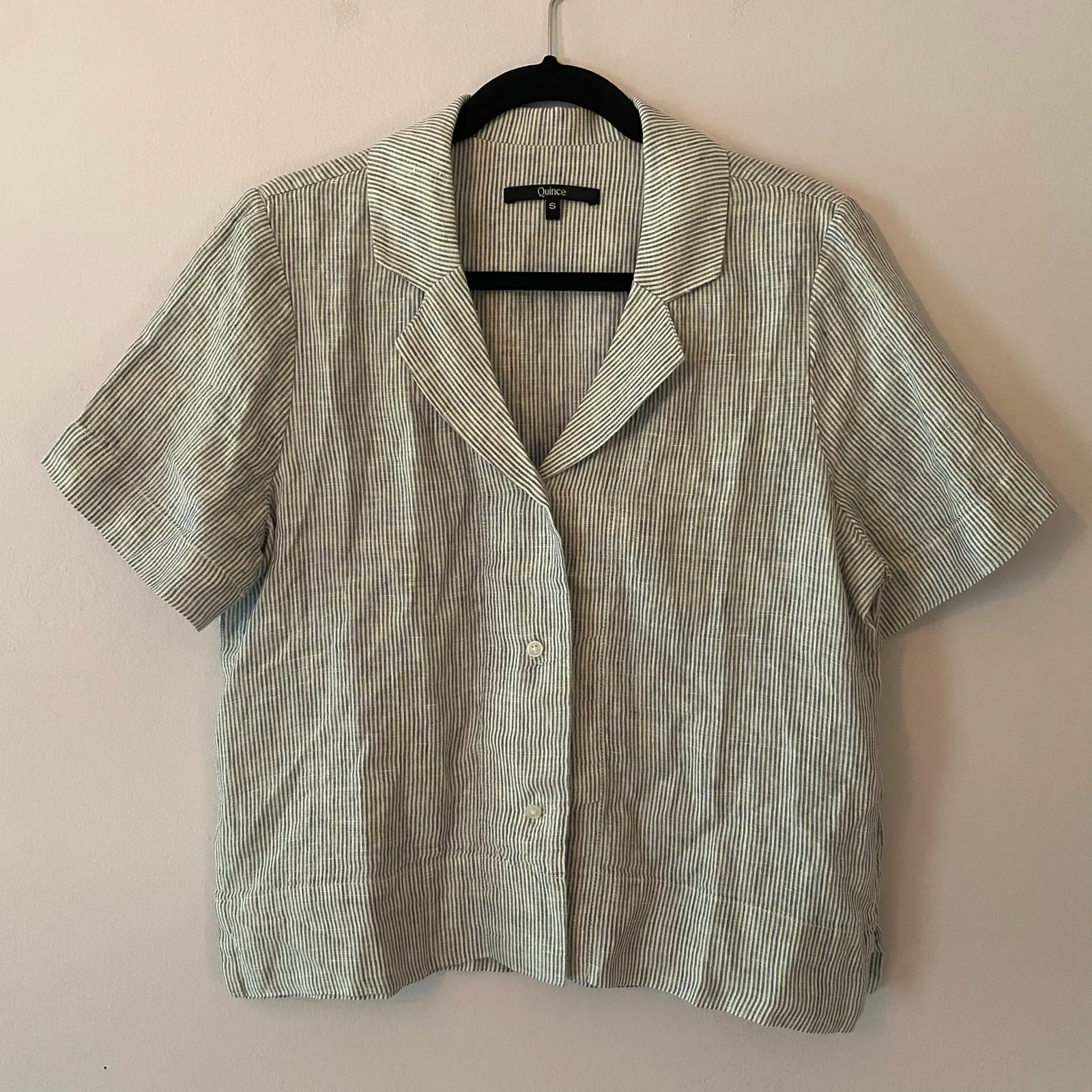 Quince Blue White Stripe Button Down Short Sleeve Blouse 100% Linen Women Small - Image 2