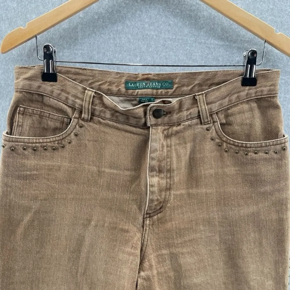 Lauren Ralph Lauren Bootcut Jeans Womens 10 Brown Cotton Studded Trim High Waist Tan - Image 2