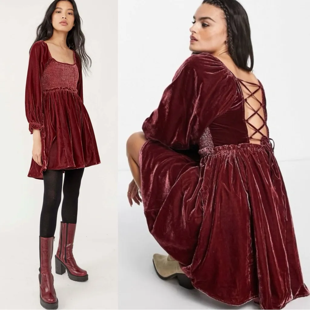 Free People Dainty Renaissance Daphne Velvet Mini Dress Burgundy Brown Small - Image 9