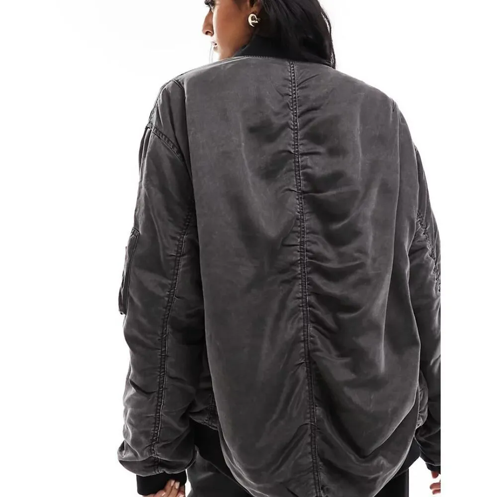 ASOS Design Washed Oversized Bomber Jacket in Grey, Size S​​​ - Image 2