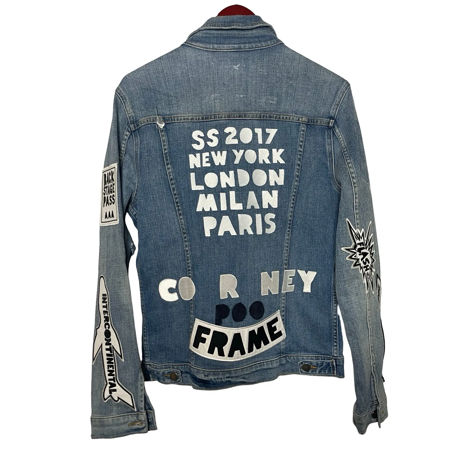 FRAME Denim Embroidered Patches Denim Jacket Sz S - Image 5