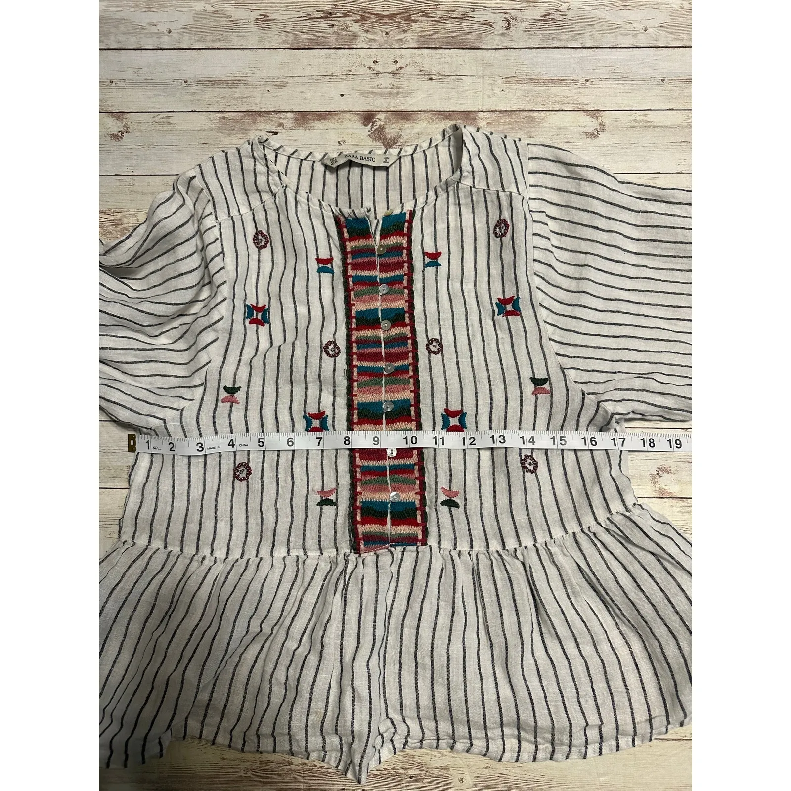 Zara Basic Embroidered Peplum Top Blouse Women's Size Small Striped White Flowy - Image 6