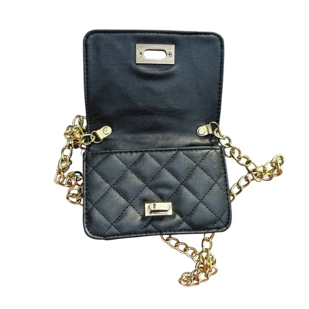 Black Quilted Faux Leather Turn Lock Mini Bag with Gold Chain - Image 3