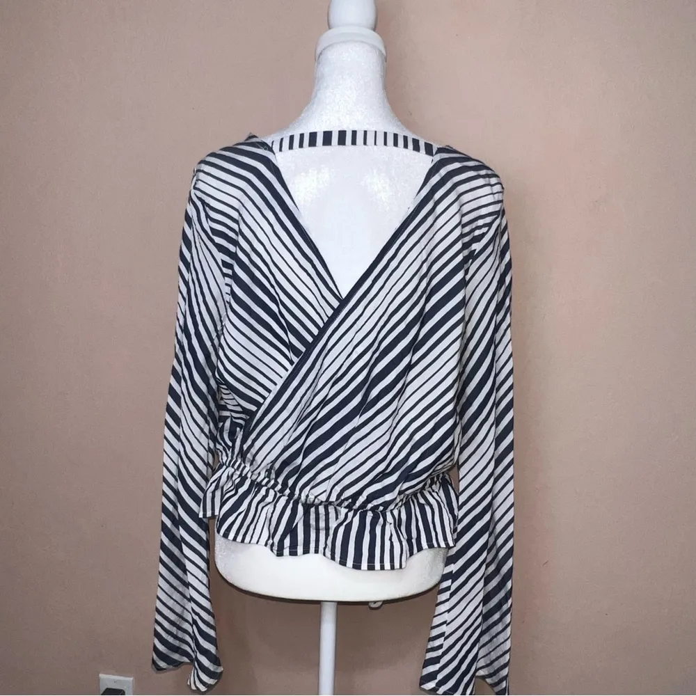 Express Striped Peplum Top Long Bell Sleeves Faux Wrap Back Deep V-neck Small - Image 3