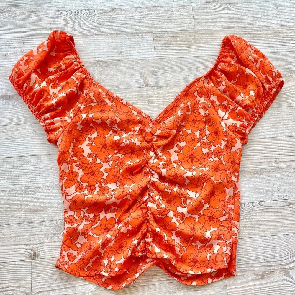 Sienna Sky‎ Floral Ruched Puff Sleeve Top | Orange Size Medium - Image 3
