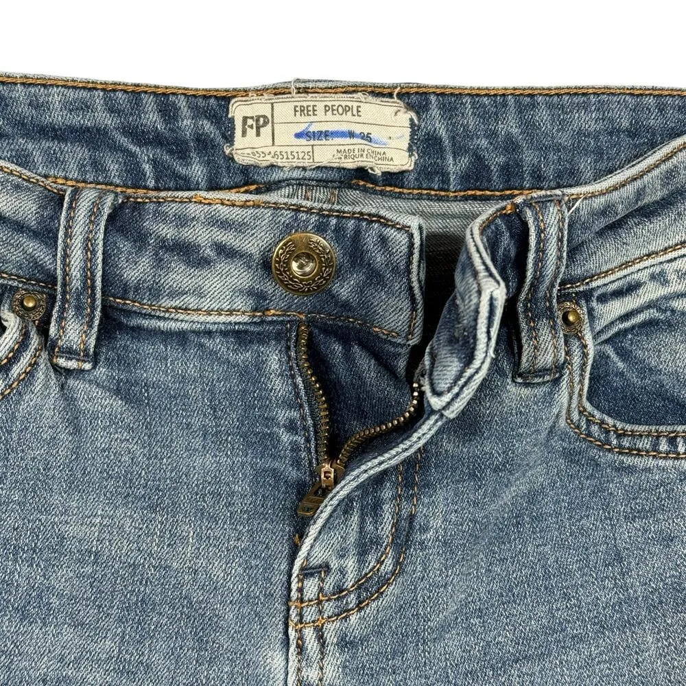 Free People SZ W25 Skinny Jeans Frayed Slit Hem Low-Rise Stretch Kentucky Blue - Image 4