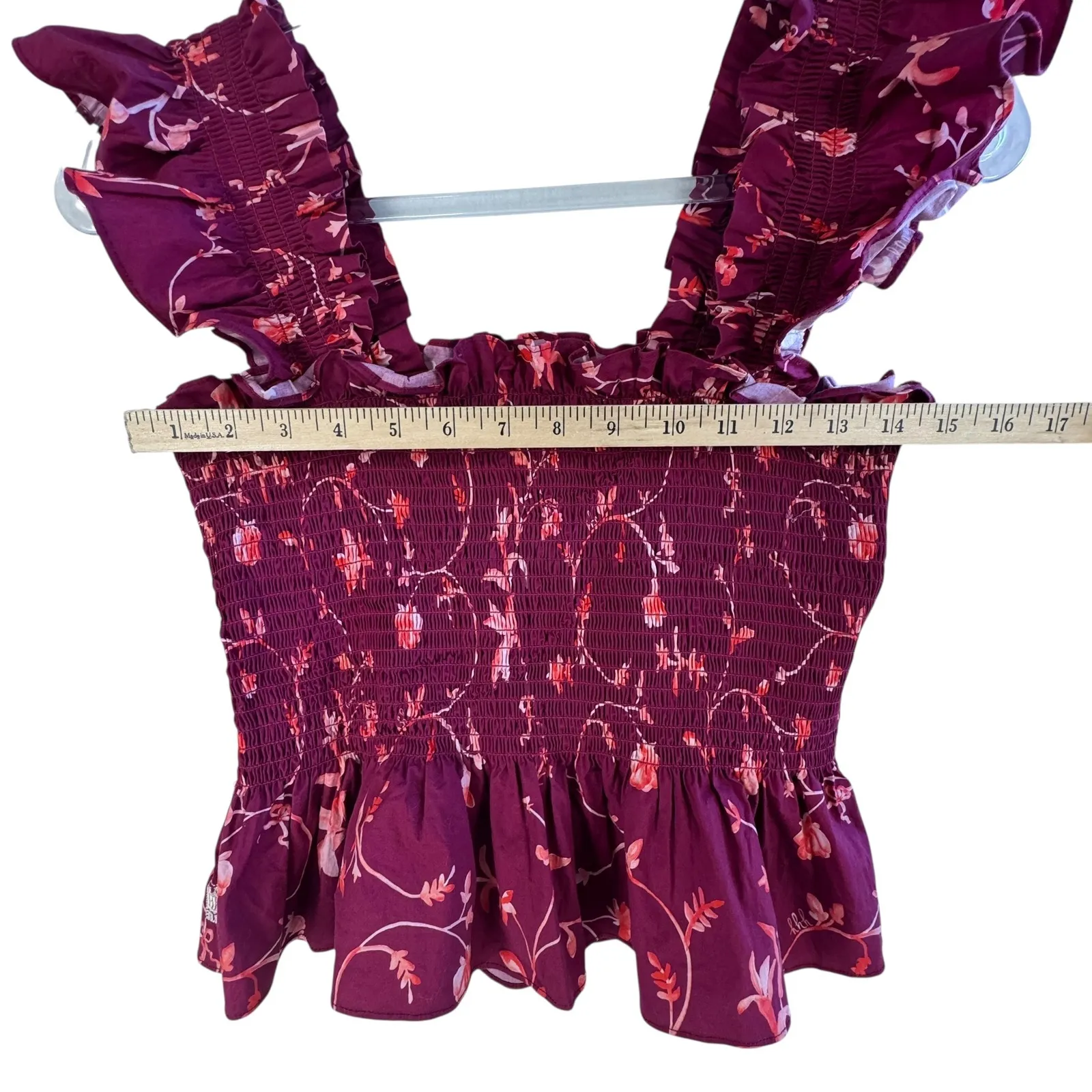 Hill House Home Paz Smocked Ruffle Top M‎ Burgundy Floral Cottagecore Coquette - Image 7
