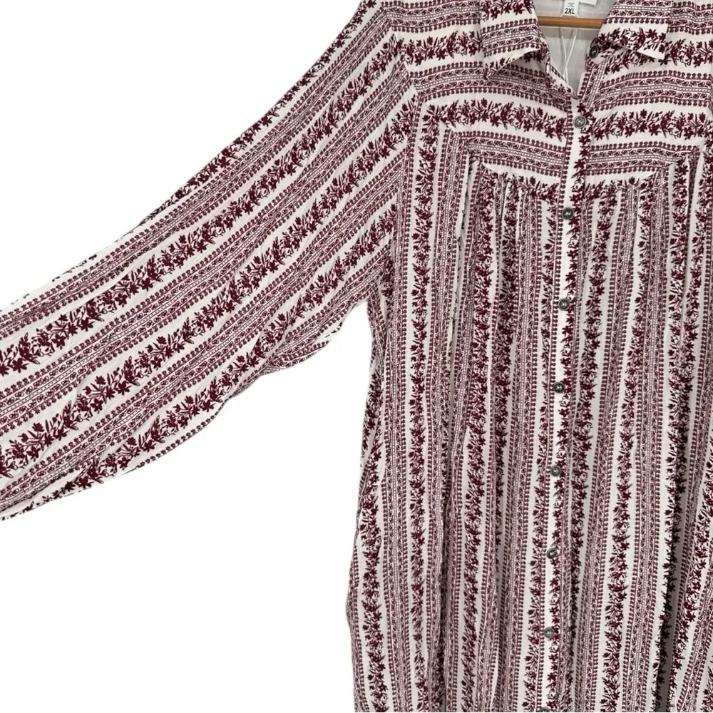 Heyson Floral Stripe Button Down Midi Shirt Dress in Wine size 2X Long Sleeves Red - Image 6