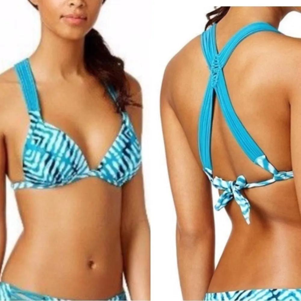Hula Honey push-up bikini Top, racer strappy back, ties at back, Blue, M, NWT - Image 2