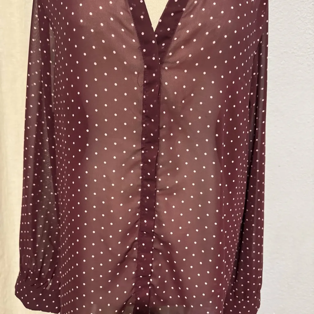 Old Navy Women Burgundy Polka Dot Sheer Long Sleeves Relaxed Fit Blouse Size XXL - Image 2