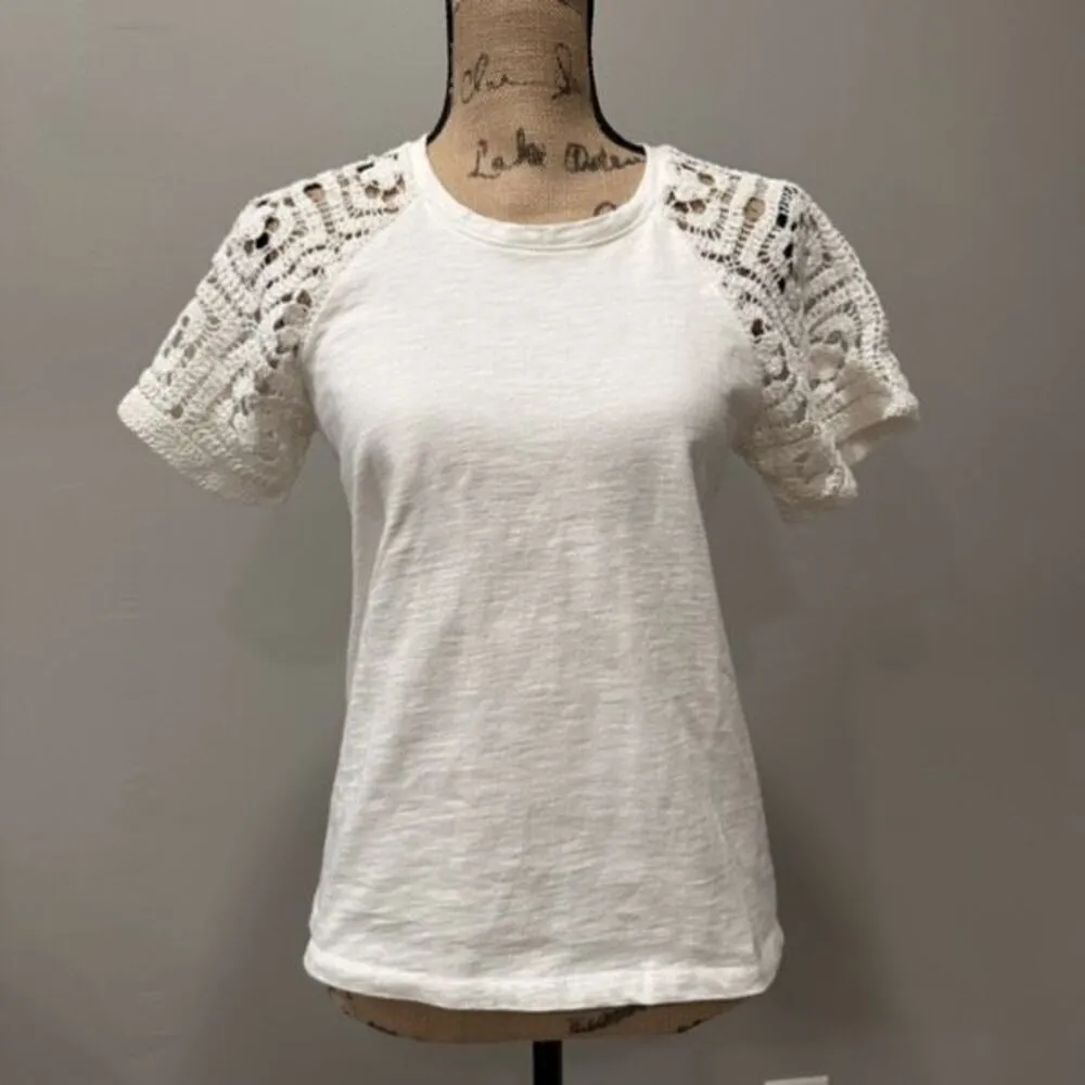 Design History Lace Embroidered White Peasant T Shirt‎ Cottage Core Small cotton - Image 8