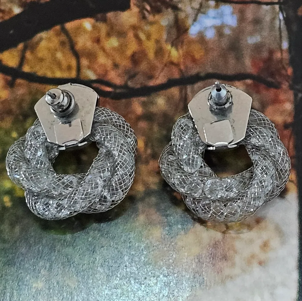 Silvertone Twisted Mesh Swarovski Crystal Filled Door Knocker Earrings - Image 2