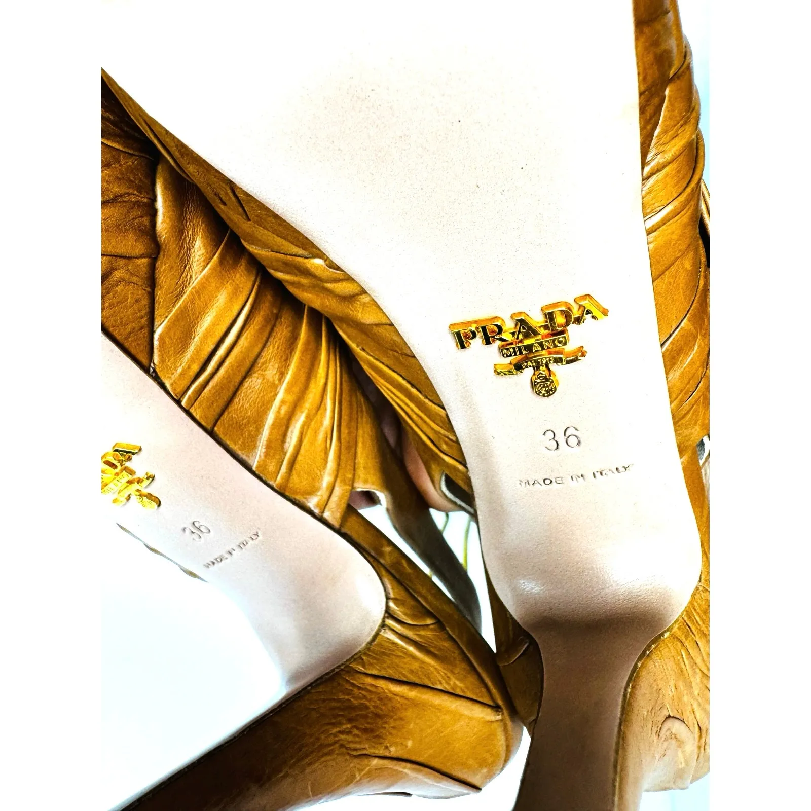 Prada Tan Leather Slingback Heels Size 36 Knotted Platform Sandals - Image 5