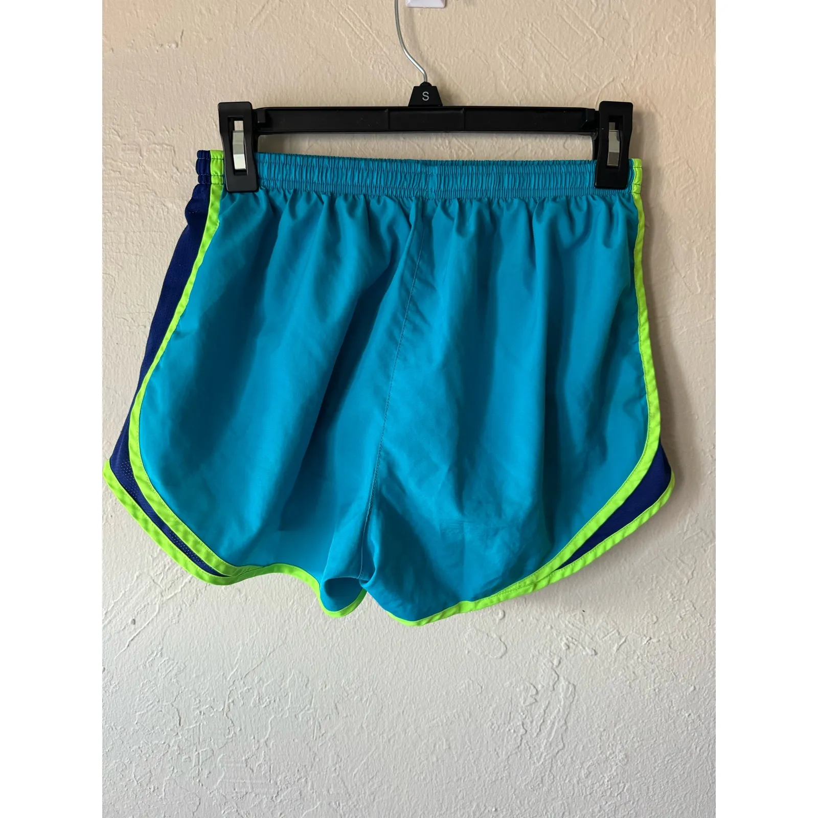 Women's Nike Dri Fit Shorts in Black with Lime Green and Navy Trim, Size M - Image 4