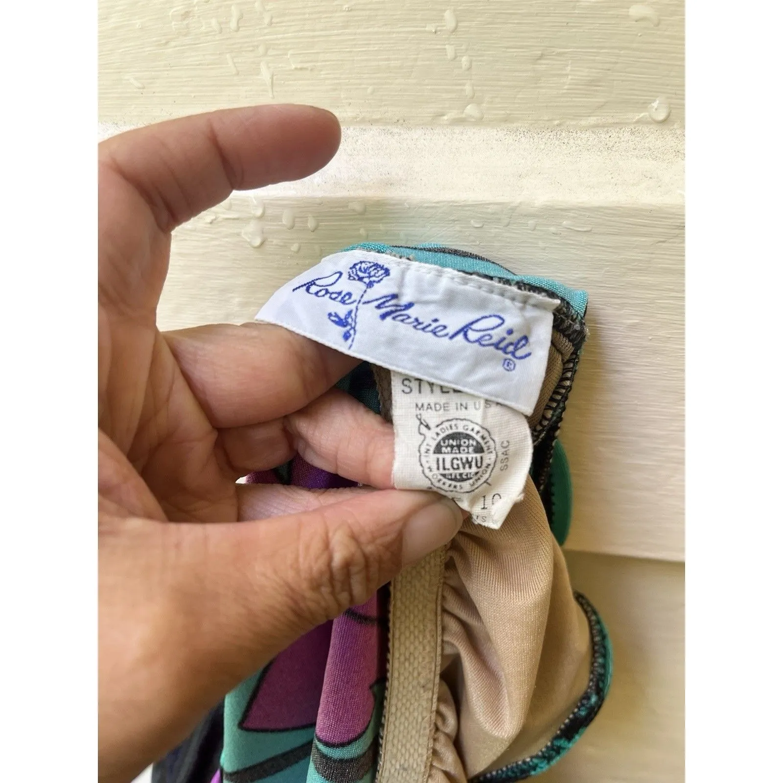 Vtg 70s Rose Marie Reid Swimsuit 10 Retro Pinup Avante Garde Floral USA Made Green - Image 3