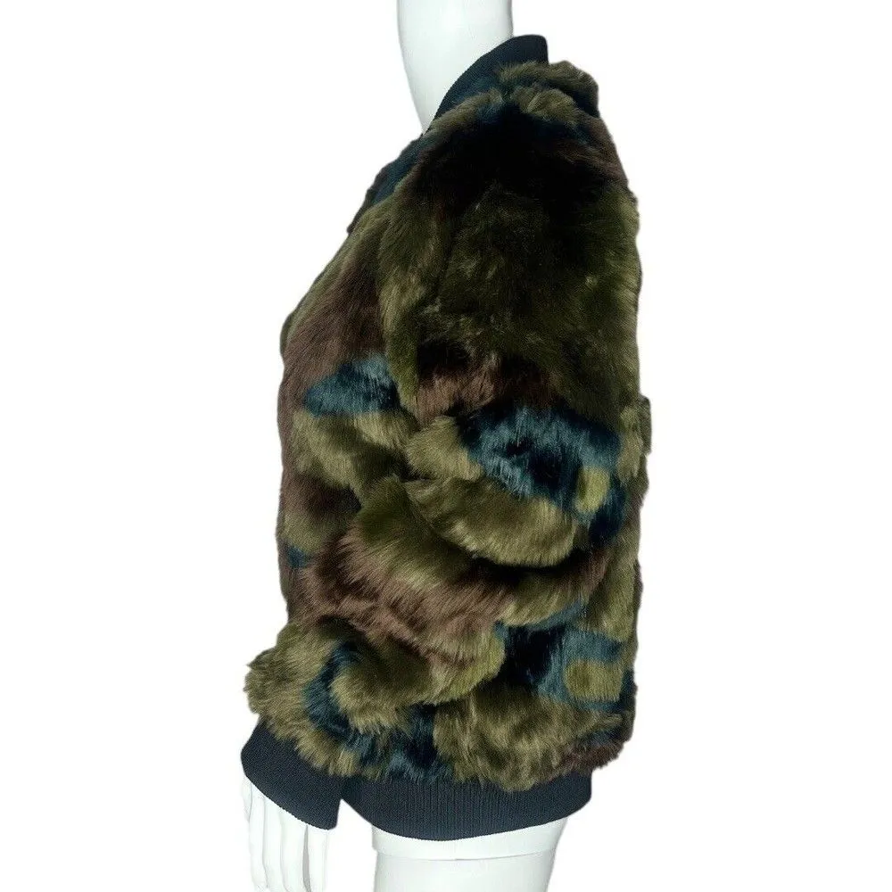 Anthro‎ Marrakech Faux Fur Bomber Jacket Womens Small Multicolor Camo Patchwork - Image 2
