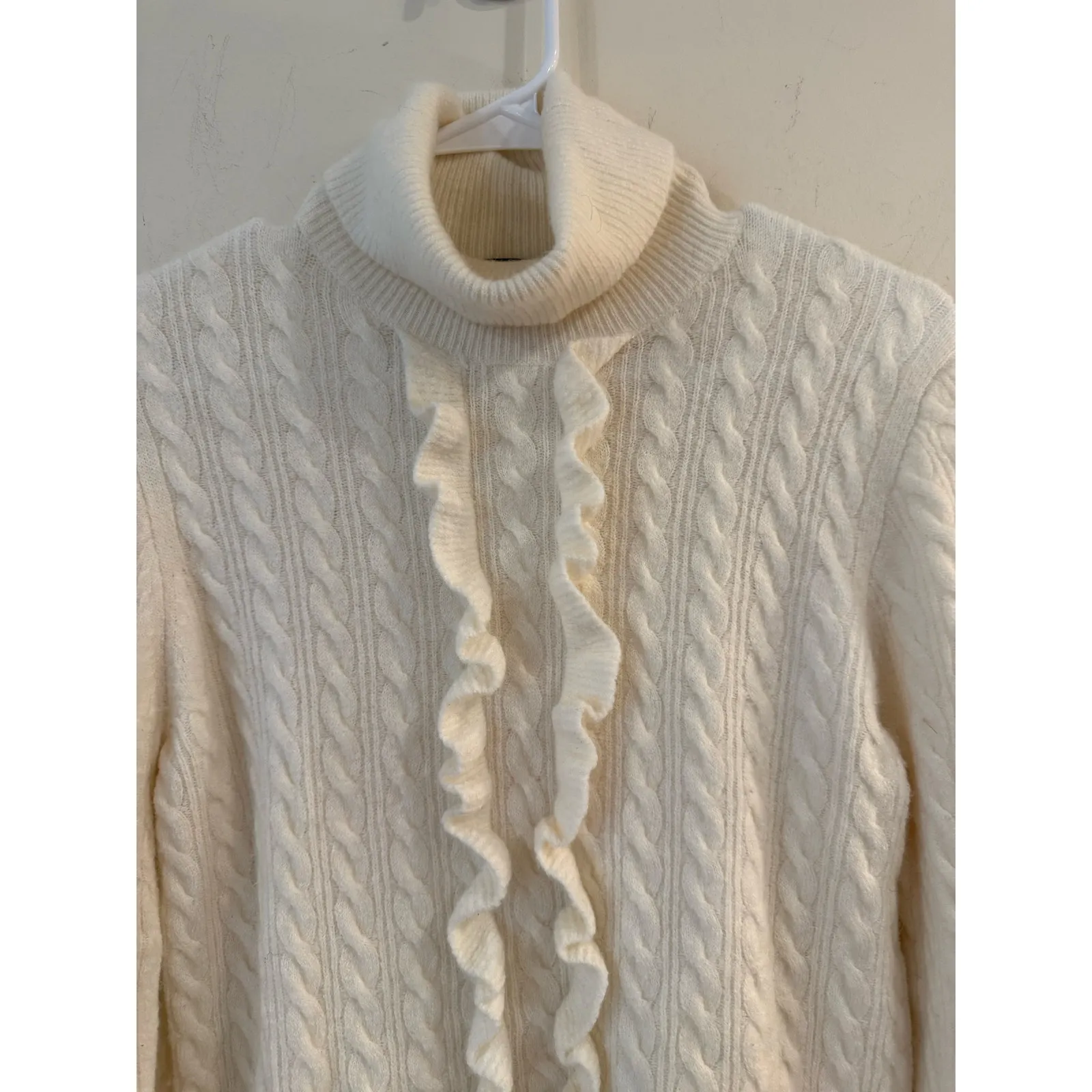 J.Crew Sweater Womens Small Cream Wool Alpaca Cable Knit Ruffle Front Turtleneck - Image 2