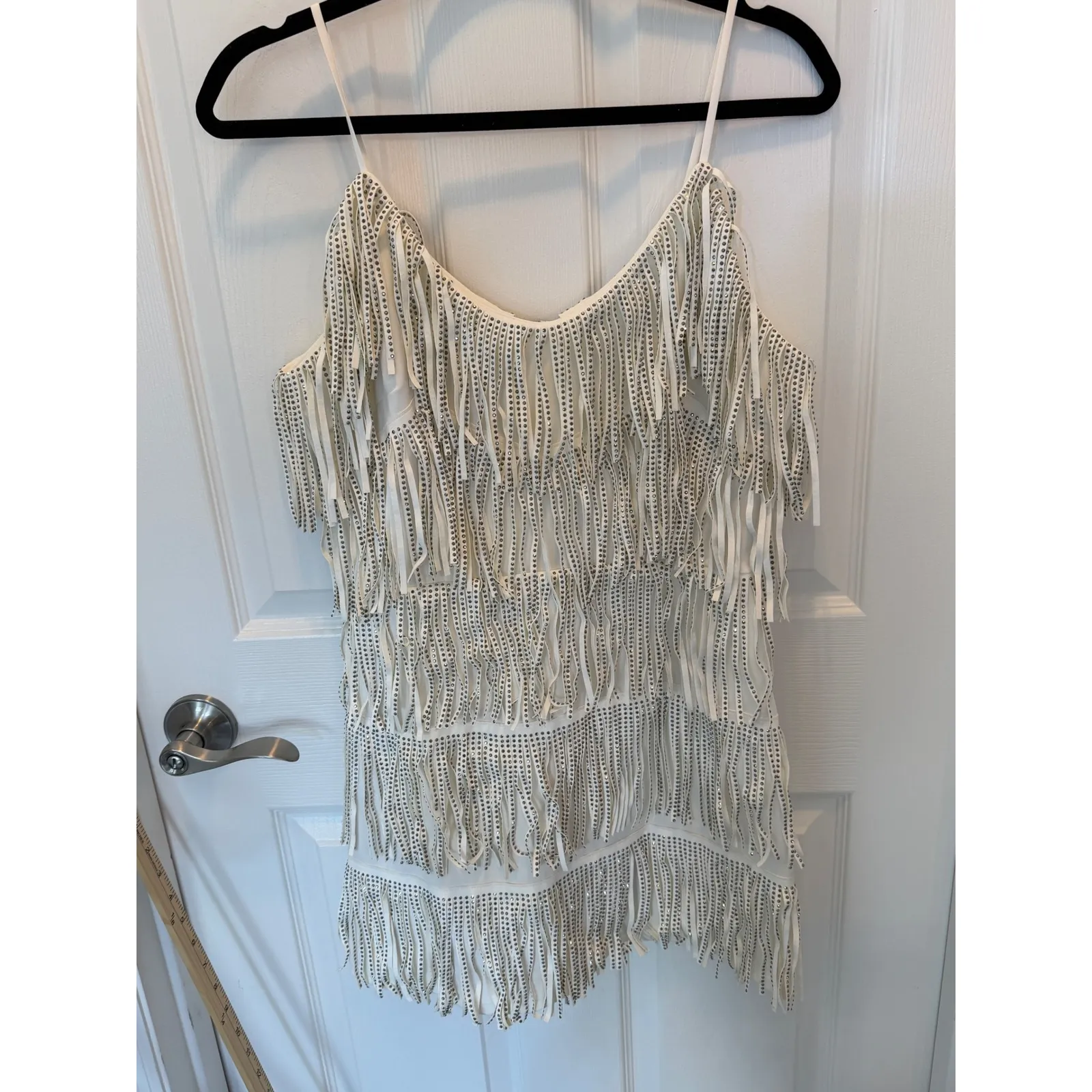 NYLON APPAREL Rhinestone Fringe Mini Dress White Spaghetti Strap Party Size M Size M - Image 7