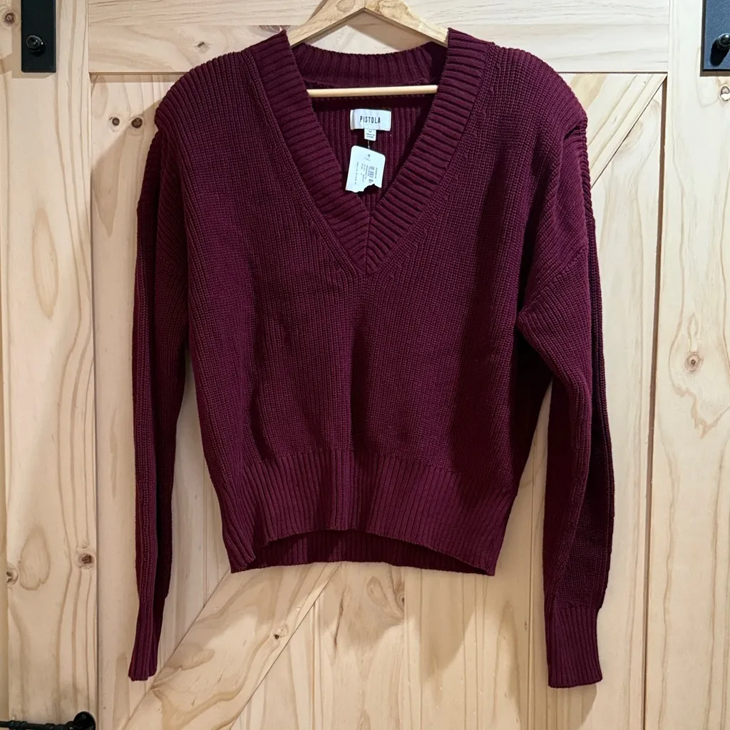 NWT - REVOLVE Pistola - Camille V-Neck Shoulder Pad Sweater in MERLOT red - M - Image 3
